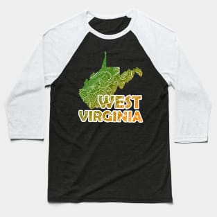 Colorful mandala art map of West Virginia with text in green and orange Baseball T-Shirt